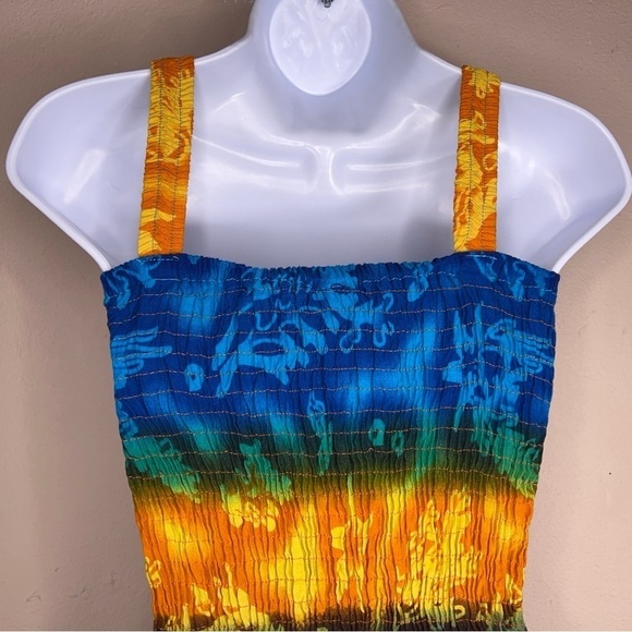SMALL TROPICAL DRESS SLEEVELESS STRETCH COLORFUL BLUE ORANGE BEACH VACATION - Picture 8 of 13